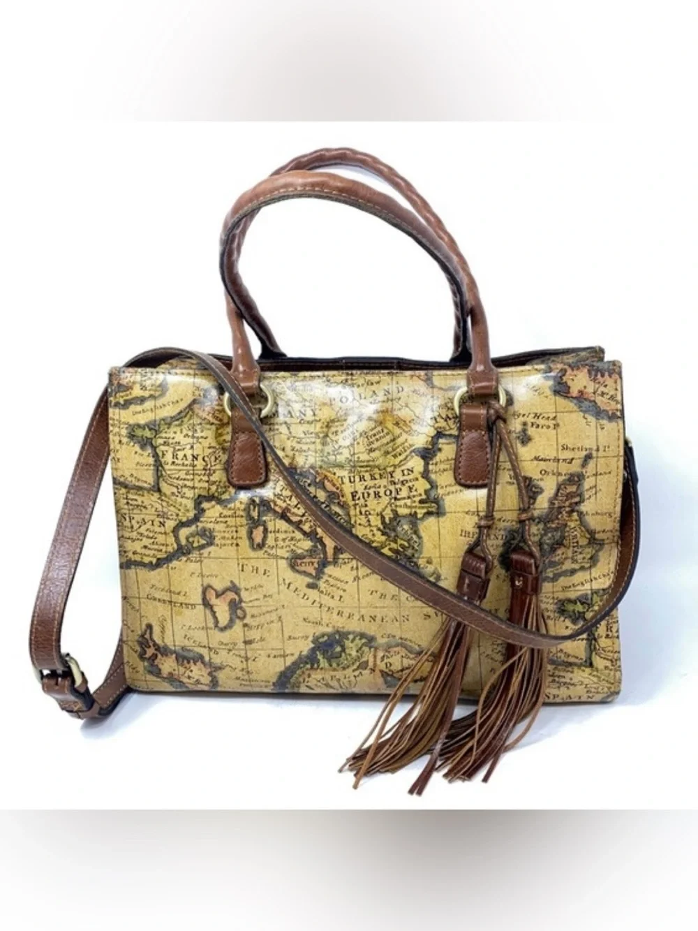 Patricia Nash Map-Print Satchel with Brown Trim and Tassels